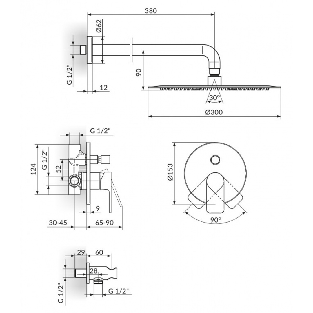 Slavina baterija Stolz S2 uzidna sa plafonskim i ručnim tušem • Fontana